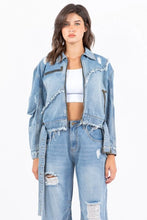 American Bazi Full Size Distressed Frayed Edge Zip Up Denim Jacket Plus Size Light Blue Woman Outerwear
