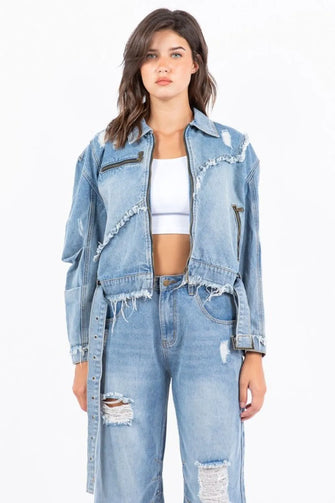 American Bazi Full Size Distressed Frayed Edge Zip Up Denim Jacket Plus Size Light Blue Woman Outerwear