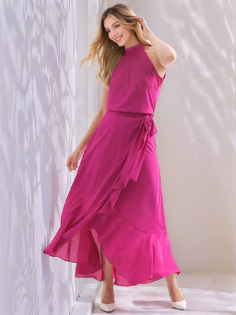 Ruffled Grecian Neck Maxi Dress Deep Rose Woman Maxi Dress