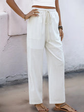 White linen perfee drawstring wide straight pants with loose fit drawstring waist and two front pockets