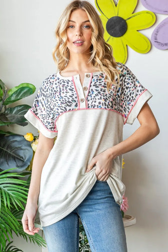 Heimish Full Size Exposed Seam Leopard Short Sleeve T-Shirt Oatmeal Woman T Shirts