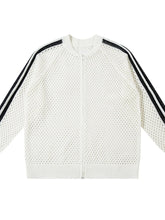 Men's Mesh Knit Zip-Up Cardigan with Stripe Detail White