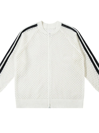 Men's Mesh Knit Zip-Up Cardigan with Stripe Detail White