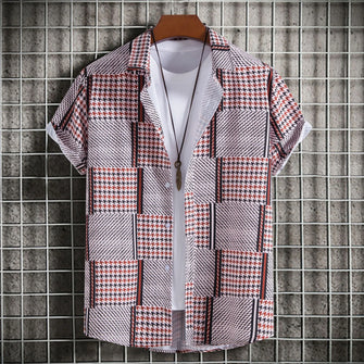 Men's Plus Size Patchwork Plaid Short Sleeve Casual Shirt Rust Black