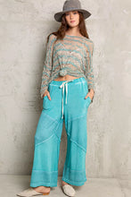 Turquoise POL elastic waistband wide leg pants with drawstring and patchwork seams for comfortable casual wear