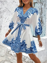Paisley V-Neck 3/4 Sleeve Mini Dress Woman Casual Dress