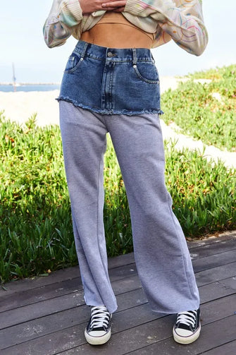 Davi & Dani Raw Hem Denim Patchwork Wide Leg Pants Grey