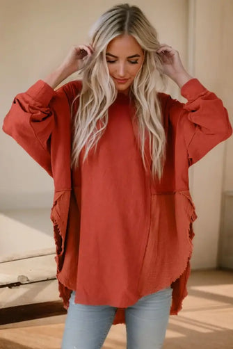 Contrast Texture Round Neck Long Sleeve Blouse Red Orange Woman Sweatshirts