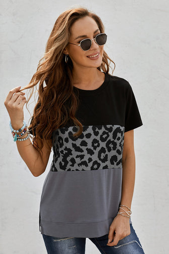 Leopard Print Color Block Short Sleeve T-Shirt Black