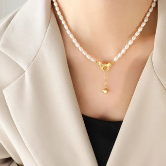 Titanium Steel Freshwater Pearl Heart Necklace Gold One Size