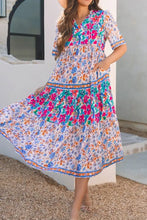 Mixed Floral Print Tie Neck Short Sleeve Dress Casual Dresses