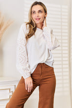 Shiny Eyelet Dropped Shoulder Round Neck Blouse White Woman Blouses