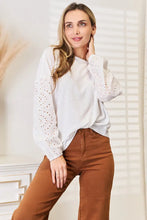 Shiny Eyelet Dropped Shoulder Round Neck Blouse White Woman Blouses