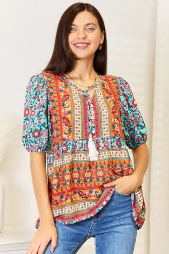 Devine Bohemian Tassel Tie Puff Sleeve Babydoll Blouse Light Blue Woman Blouses