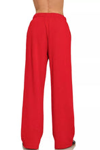 Red wide-leg fleece sweatpants with elastic waistband and pockets from zenana fleece sweatpants collection