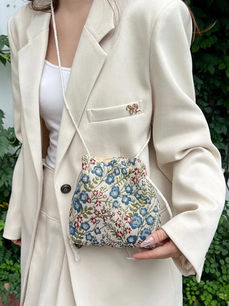 Rope Drawstring Floral Bucket Bag Blue One Size Shoulder Bags