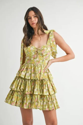 MABLE Floral Print Shoulder Tie Layered Mini Dress Kiwi Casual Dresses