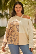Plus Size Leopard Color Block Long Sleeve T-Shirt Cream Woman T Shirts