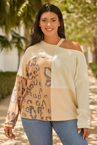 Plus Size Leopard Color Block Long Sleeve T-Shirt Cream Woman T Shirts
