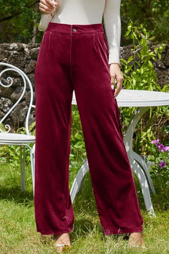 Velvet Wide Leg Pants with Pockets Burgundy