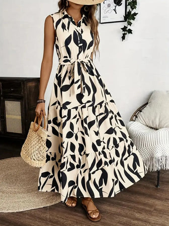 Printed Tie Waist Sleeveless Maxi Dress Cream
