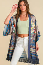 Umgee Full Size Fringe Hem Open Front Printed Kimono Sleeve Cover-Up Plus Size TEAL MIX