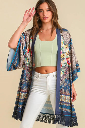 Umgee Full Size Fringe Hem Open Front Printed Kimono Sleeve Cover-Up Plus Size TEAL MIX