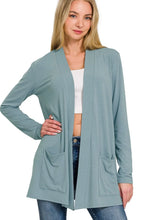 Zenana Slouchy Lightweight Open Front Pocket Cardigan BLUE GREY