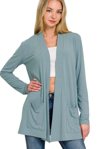 Zenana Slouchy Lightweight Open Front Pocket Cardigan BLUE GREY