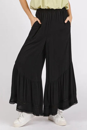 Mittoshop Lace Ruffle Asymmetric Hem Wide Leg Pants Black