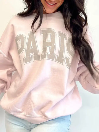 PARIS Round Neck Long Sleeve Sweatshirt Blush Pink Woman Sweatshirts