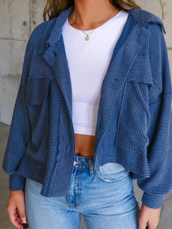 Ribbed Collared Neck Button Up Jacket Peacock Blue