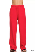 Red wide-leg fleece sweatpants with elastic waistband and pockets from zenana fleece sweatpants collection
