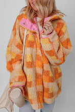Checkered Long Sleeve Sherpa Hooded Jacket Woman Outerwear