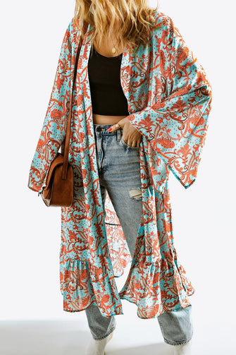 Printed Open Front Duster Cardigan Aqua One Size