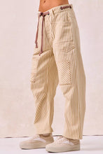 Beige and cream drawstring striped twill barrel pants with vertical stripes and a cargo fit by BiBi