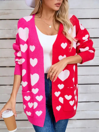Angel Wings Heart Open Front Long Sleeve Cardigan Hot Pink Woman Outerwear