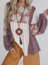 Printed Color Block Balloon Sleeve T-Shirt Beige