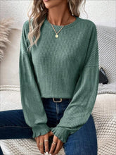Ribbed Round Neck Lantern Sleeve T-Shirt Deep Teal