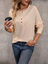 Perfee Round Neck Buttoned Slit Long Sleeve Top