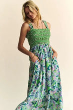 Davi & Dani Multi Smocked Bodice Geo Ruffle Strappy Midi Dress Hunter Green Casual Dresses