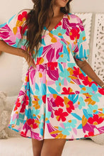 Floral Bubble Sleeve V Neck Tiered Ruffle Babydoll Dress Casual Dresses