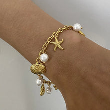 Ocean Theme Stainless Steel Chain Bracelet with Seashell and Starfish Pendants Gold One Size