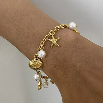 Ocean Theme Stainless Steel Chain Bracelet with Seashell and Starfish Pendants Gold One Size