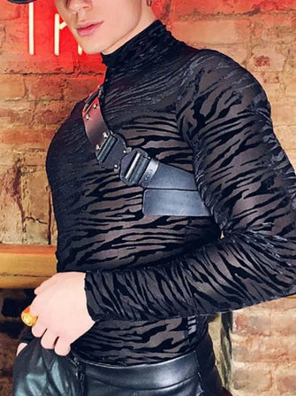 Men's Zebra Print Mock Neck Long Sleeve Mesh Top Black