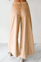 Tan polka dot print drawstring wide leg pants with subtle satin finish and dot print pattern for stylish comfort