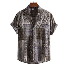 Men's Plus Size Ethnic Print Short Sleeve Button-Up Shirt Coffee Brown