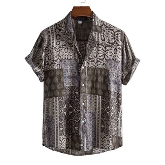 Men's Plus Size Ethnic Print Short Sleeve Button-Up Shirt Coffee Brown