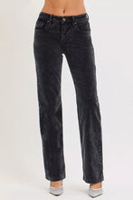 Black corduroy tummy control mid rise straight leg pants with subtle texture and classic five-pocket design