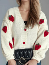 Crochet Strawberry V-Neck Long Sleeve Cardigan Woman Outerwear
